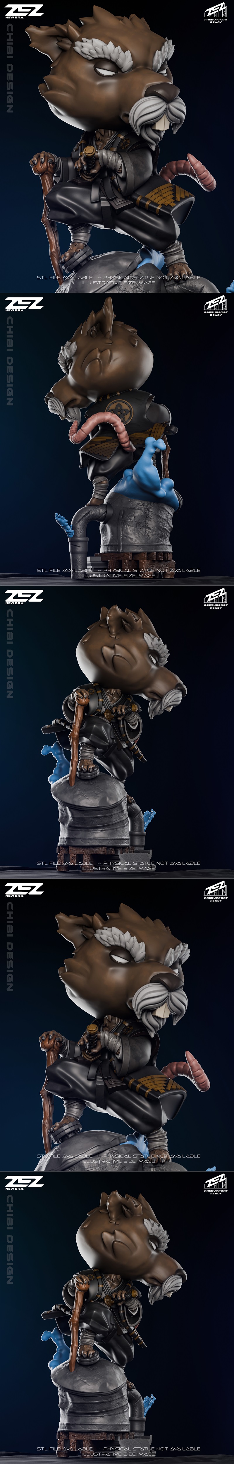 Chibi Splinter figure from Teenage Mutant Ninja Turtles, crouching on a pipe base, wearing ninja attire. ZEZ Studio m...