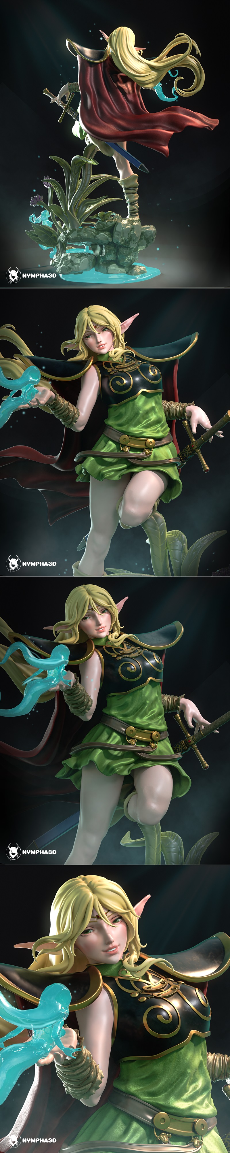 Anime elf warrior Deedlit in a heroic pose with sword and cape, surrounded by a floral and water-themed base.