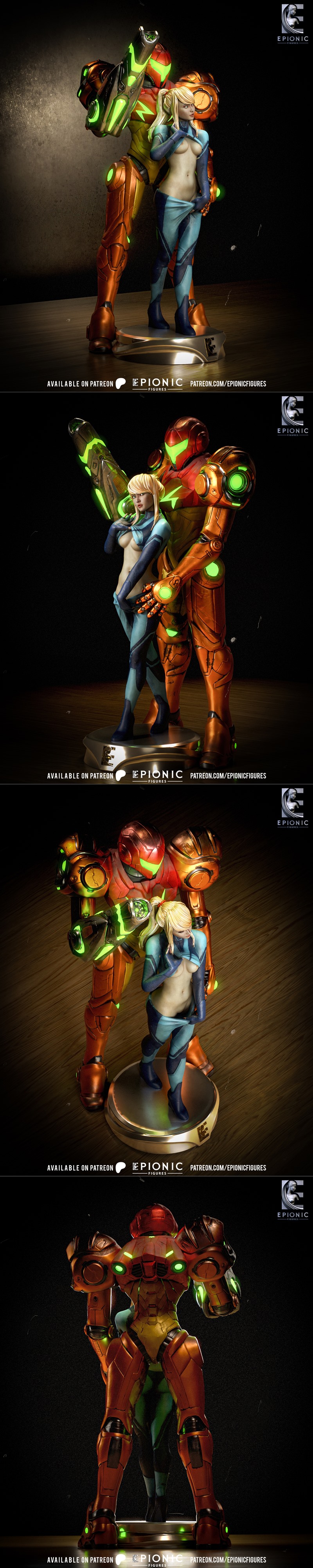 3D model of Samus Aran in her power suit, with a partially nude depiction of the character beside her. The suit is or...