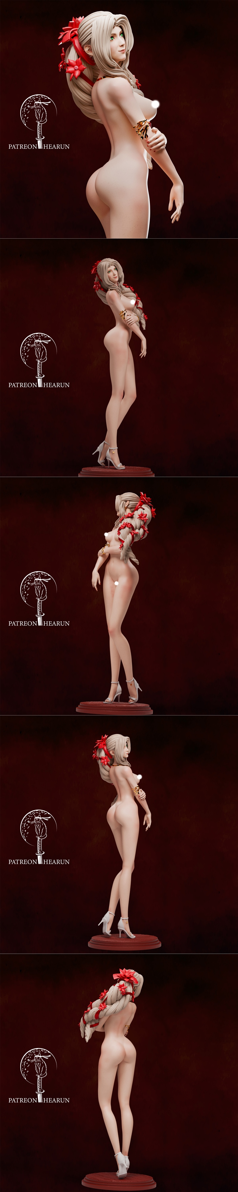 Hearun 3D model of Aerith Gainsborough from Final Fantasy, nude with braided hair adorned with red flowers and ribbon...