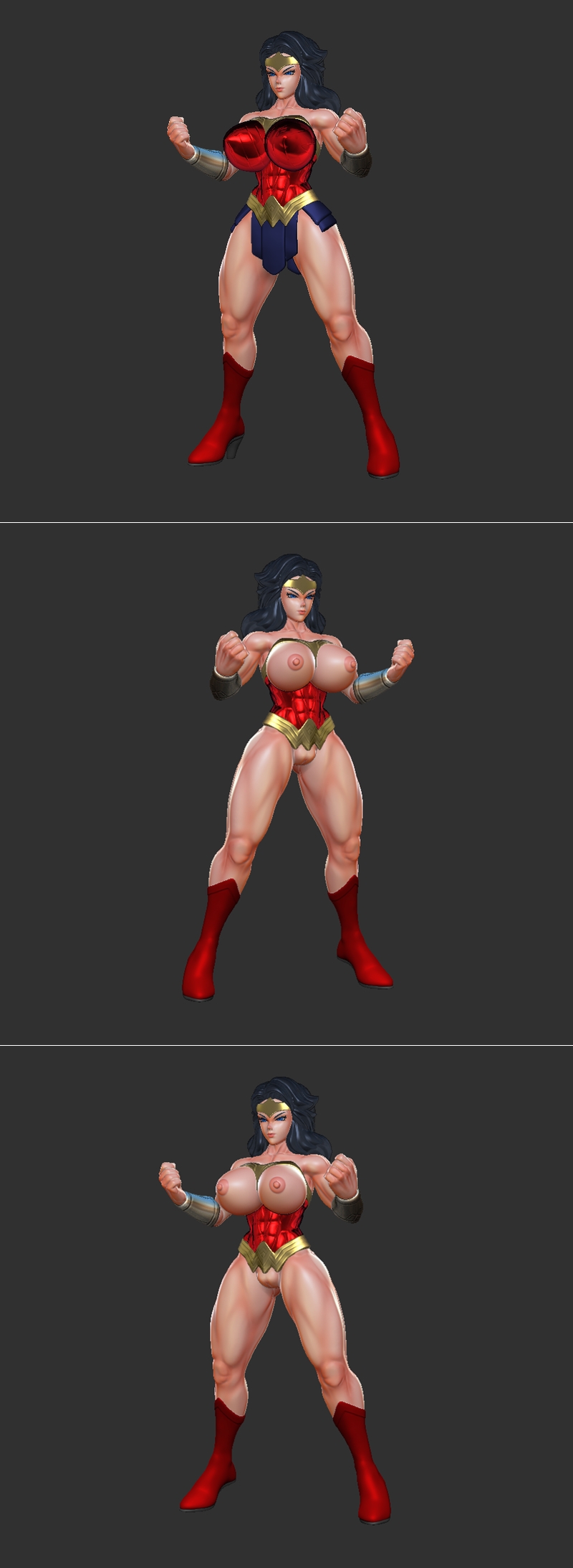Stylized 3D model of Wonder Woman in a heroic stance, fists clenched, wearing her classic red, gold, and blue costume...
