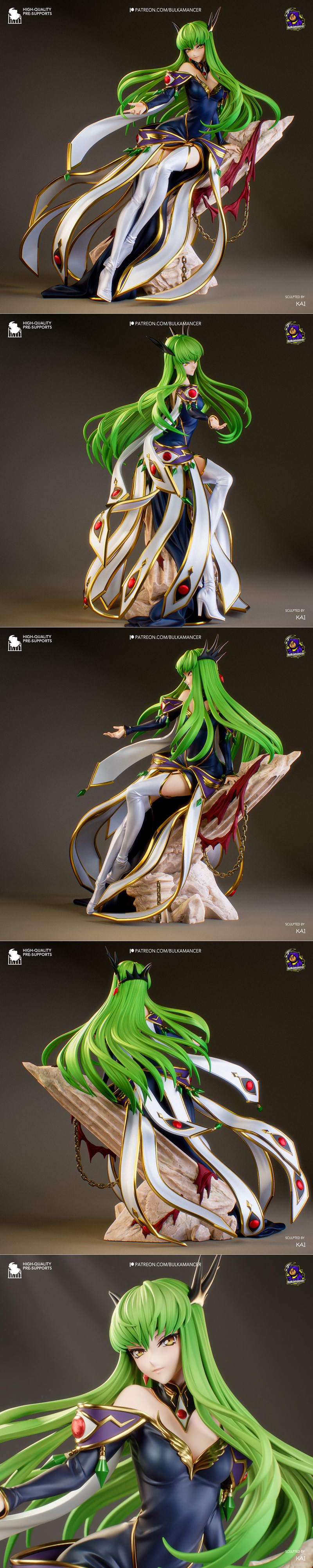 C.C. from Code Geass figure by Bulkamancer Sculpts, seated on a rock, wearing a dark blue and gold dress with flowing...