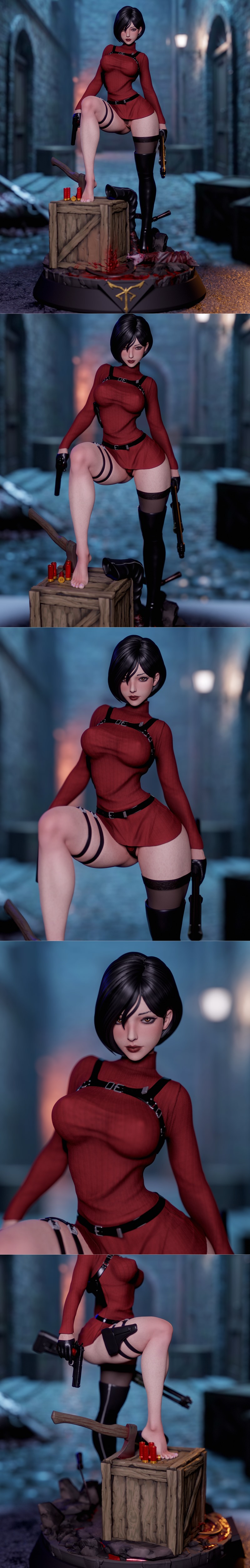 3D model of Ada Wong from Resident Evil, wearing a red dress and thigh-highs, posing on a blood-splattered diorama ba...
