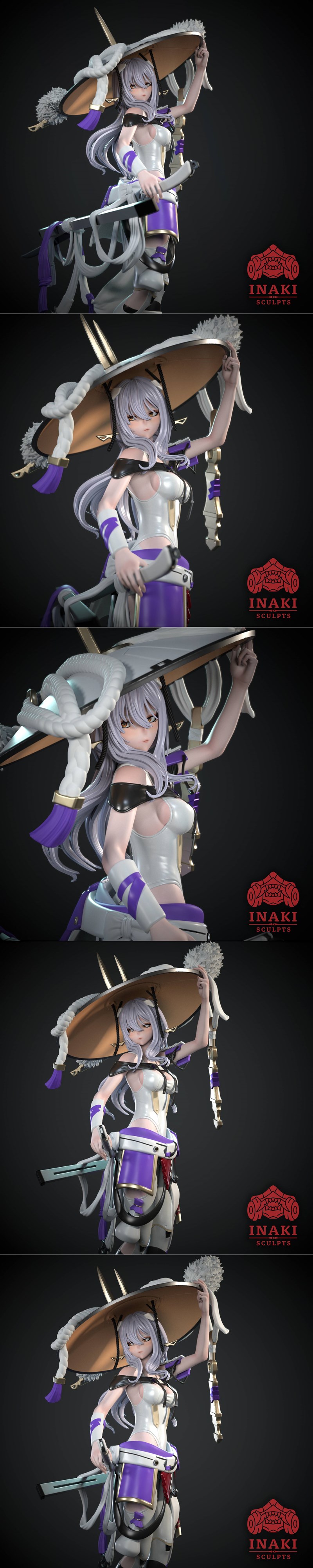 Scarlet from Nikke, a female anime-style character with long white hair, wearing a white and purple outfit and high h...