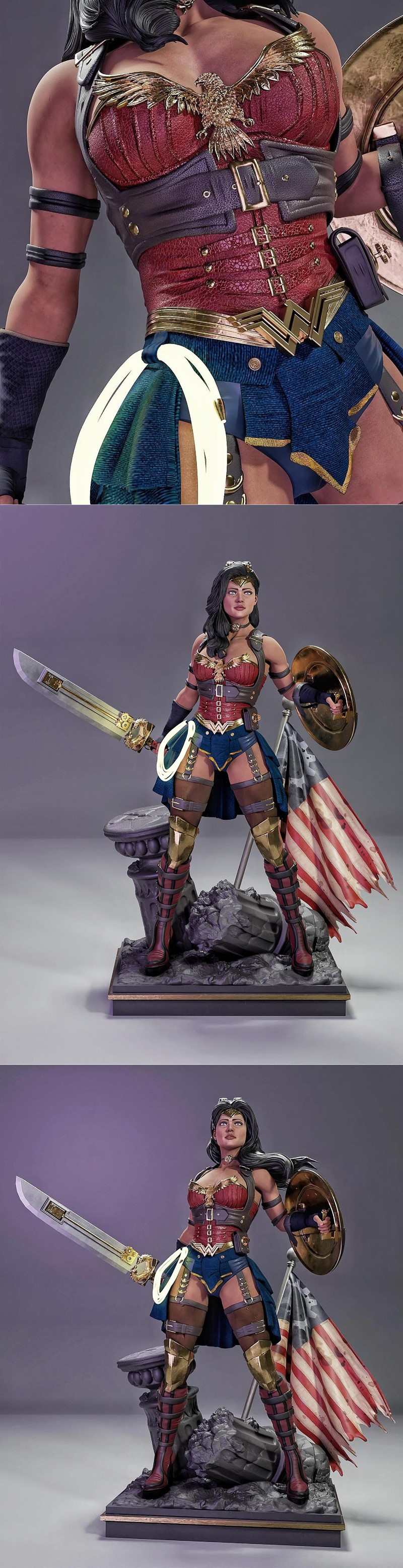 Wonder Woman in steampunk armor with a sword and shield, standing heroically with an American flag.