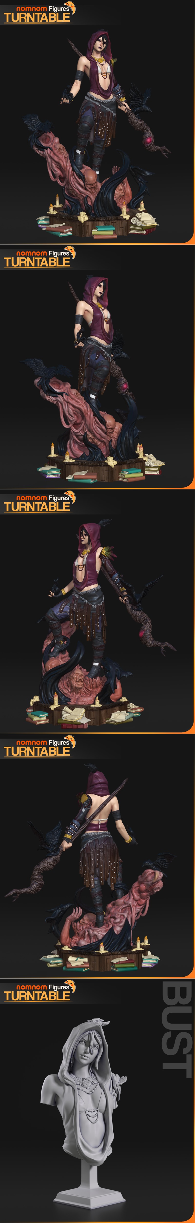 Nomnom Figures 3D model of Morrigan from Dragon Age, wearing a red hood and revealing outfit, holding a staff with a...