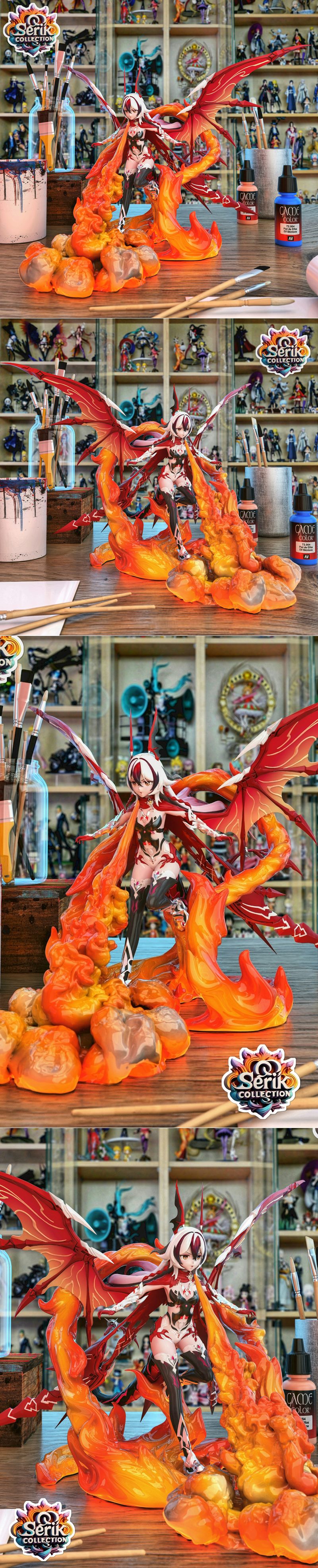 Coralie Dragoon figure from Honkai Impact by Serik Collection, with red demonic wings, horns, and a fiery base.