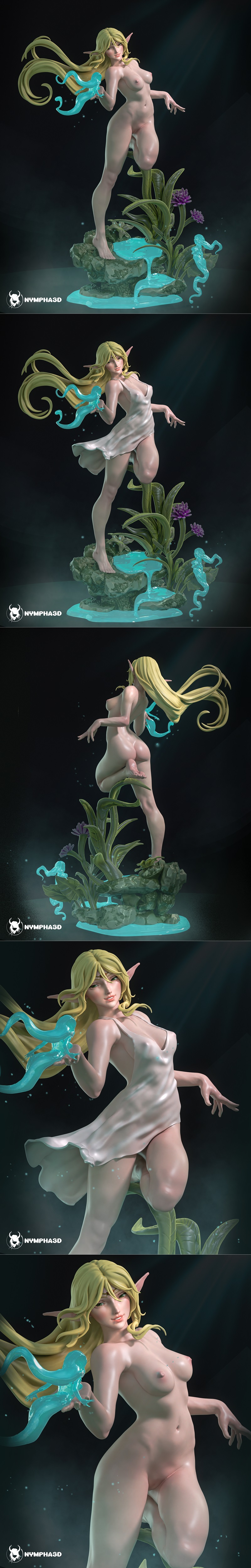 Anime elf warrior Deedlit in a heroic pose with sword and cape, surrounded by a floral and water-themed base.