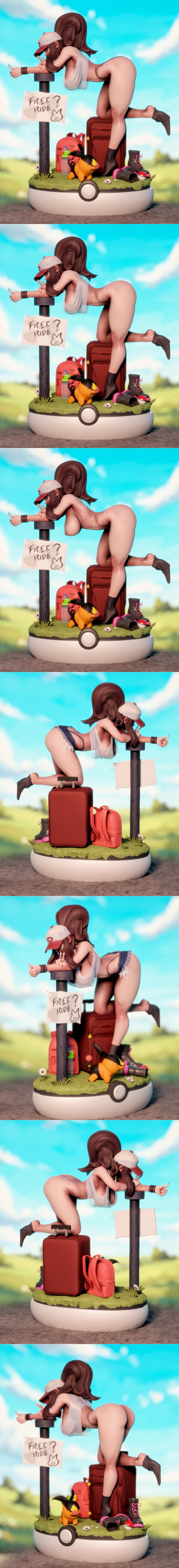 Hilda from Pokemon giving a thumbs up and peace sign, wearing a tank top and shorts, leaning on a pole with a "F...
