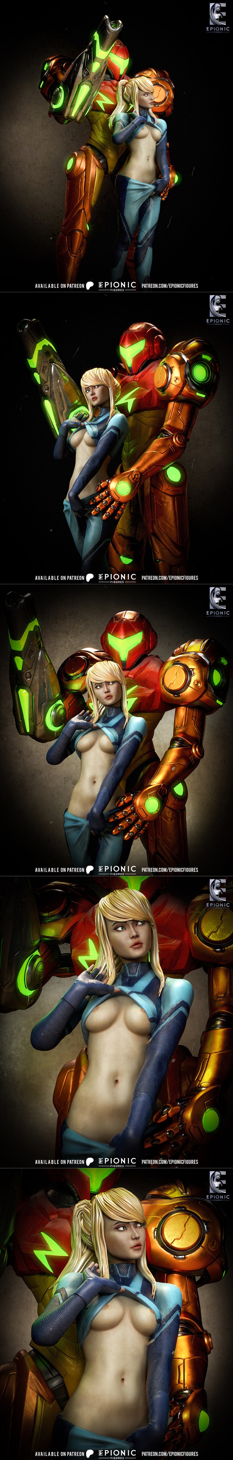 3D model of Samus Aran in her power suit, with a partially nude depiction of the character beside her. The suit is or...