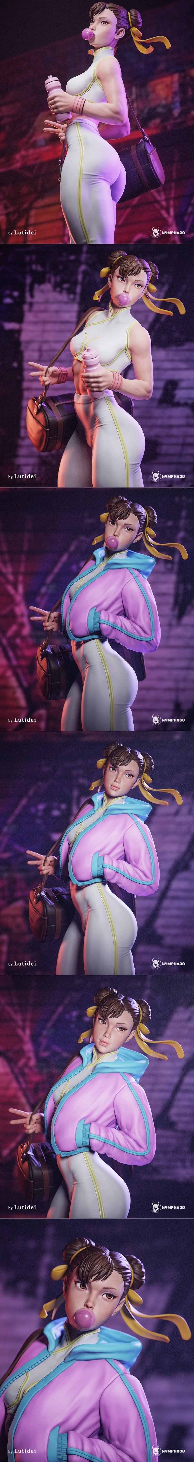 Chun-Li from Street Fighter in a heroic pose, wearing a jacket and pants, holding a bag.