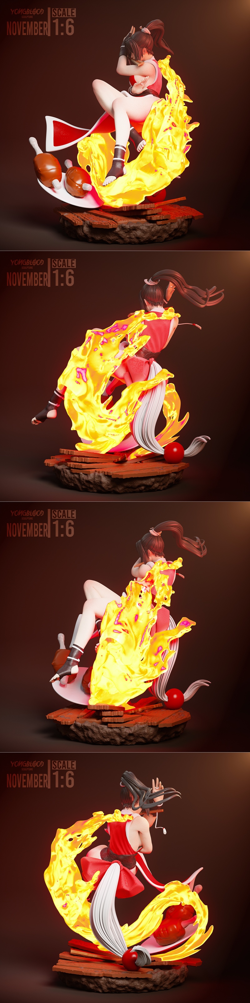 Mai Shiranui in a heroic pose with a sword and flames, 1:6 scale 3D print model.