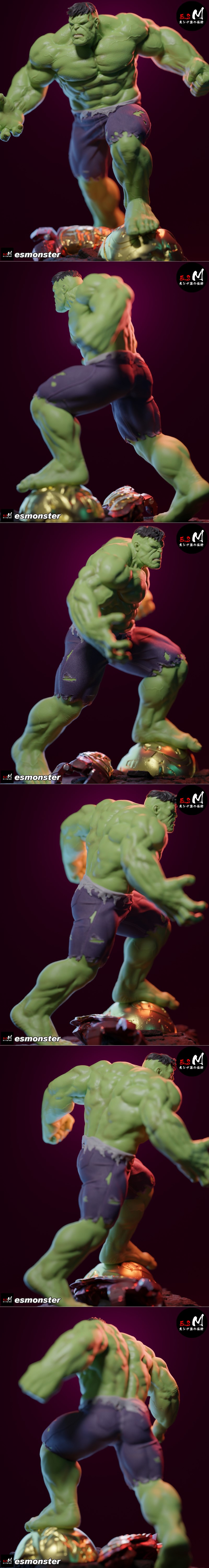 Muscular green Hulk figure with ripped purple pants, standing on a golden sphere, by E.S Monster.