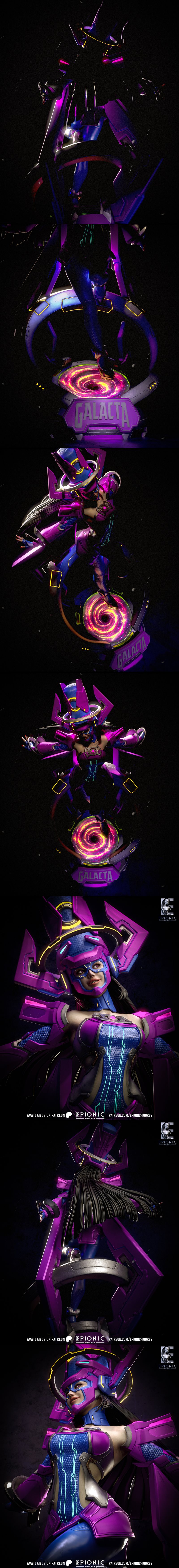 3D print model of Galacta in a purple and blue cosmic suit, standing on a base with swirling energy. Epionic Figures...