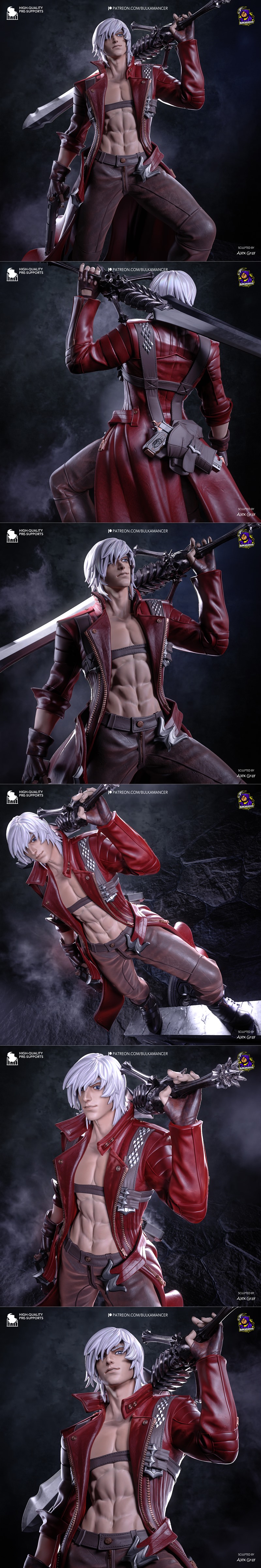 Dante from Devil May Cry 3 3D print model, shown in red coat and bare-chested variations, holding sword and guns on a...