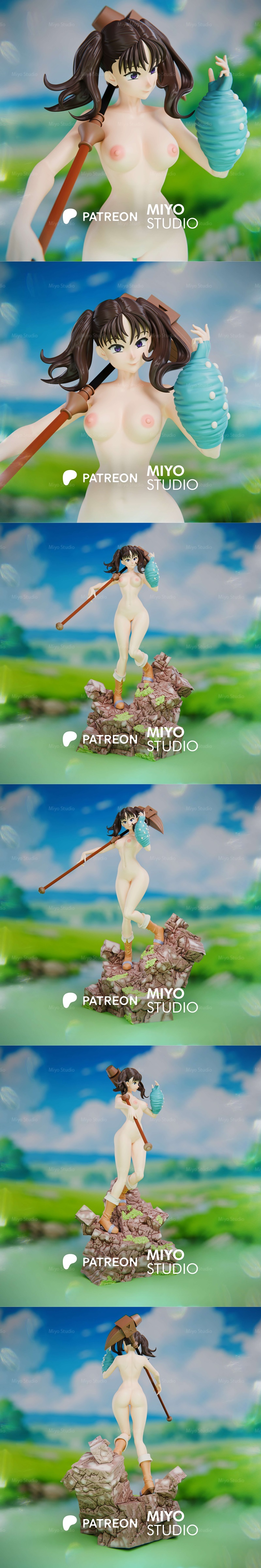 Diane from Seven Deadly Sins anime character 3D model, standing on a rocky base, holding a staff and a turquoise object.