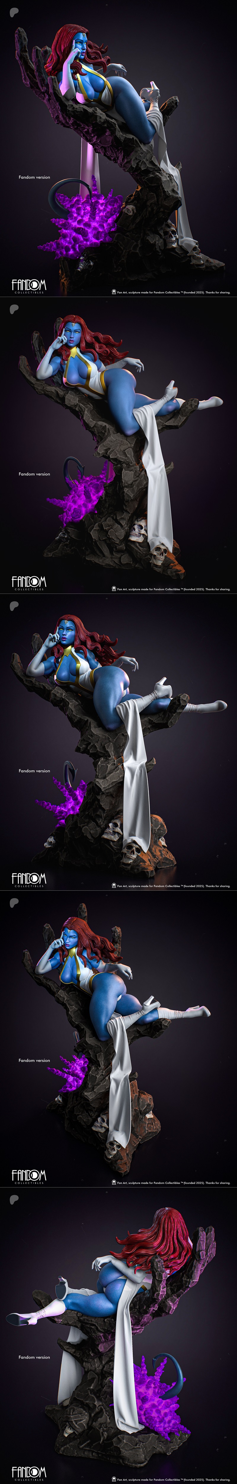 Mystique reclining on a dark, gnarled surface, wearing a white and gold costume, with blue skin and long red hair. Fa...