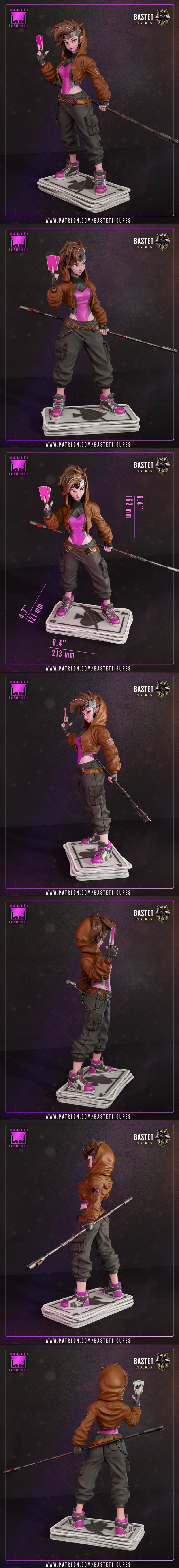Gambit 3D model figure by Bastet Figures, holding pink cards with purple energy, wearing a brown hoodie and pink body...