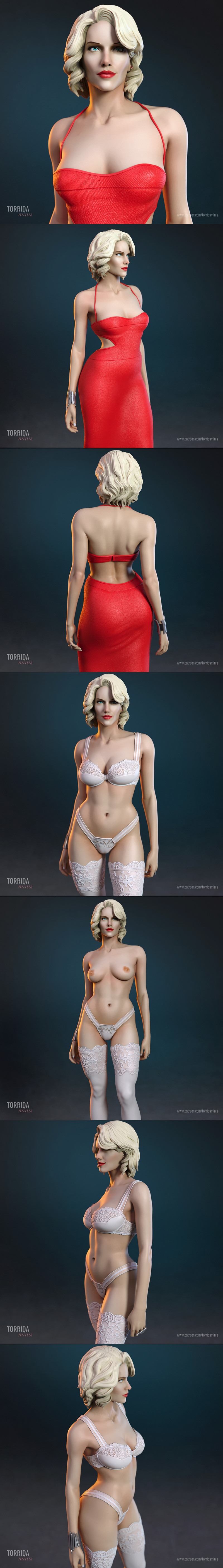 Torrida Minis 'Number Six' 3D model: woman in red dress with cutouts and high slit, strappy heels, standing on illumi...