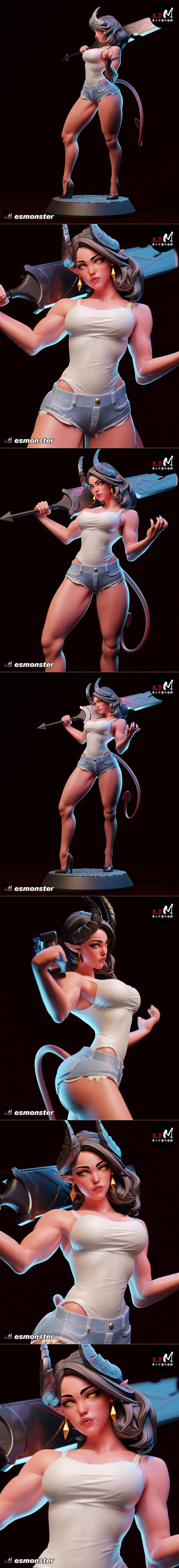 Demon character Malevola with horns and tail, holding a large sword, wearing a tank top and denim shorts, posed dynam...