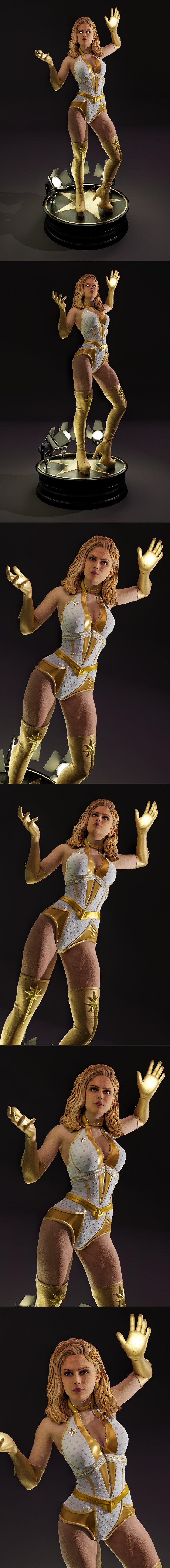 Anime character Starlight in a golden costume with a star emblem, standing heroically with one hand raised.