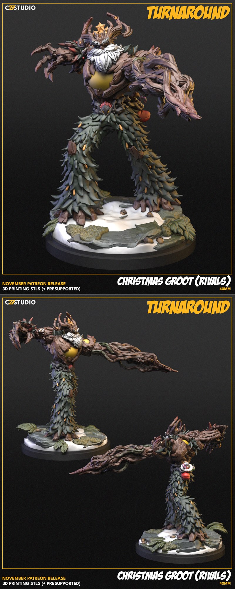 Christmas Groot (Rivals) 3D model figure by C27 Minis, featuring a tree creature with a white beard, star crown, and...