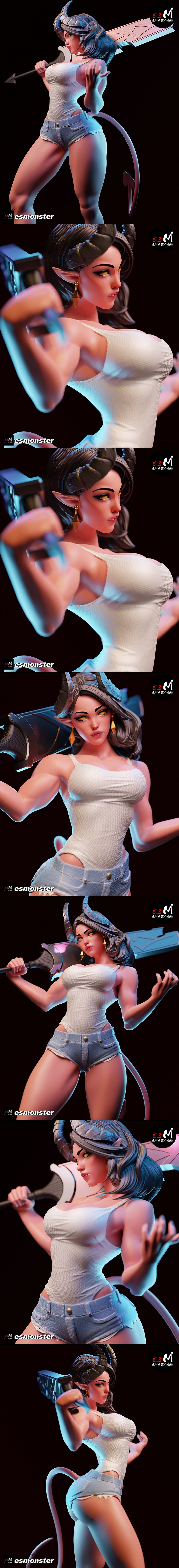 Demon character Malevola with horns and tail, holding a large sword, wearing a tank top and denim shorts, posed dynam...