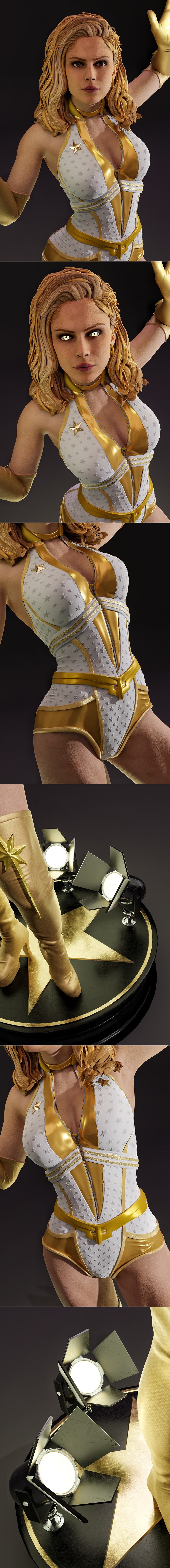 Anime character Starlight in a golden costume with a star emblem, standing heroically with one hand raised.