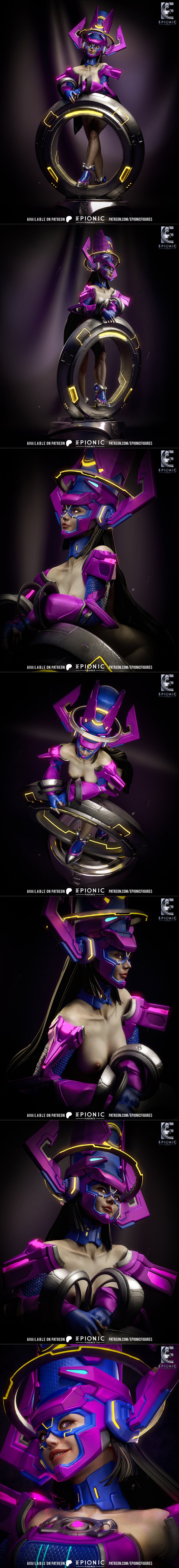 3D print model of Galacta in a purple and blue cosmic suit, standing on a base with swirling energy. Epionic Figures...