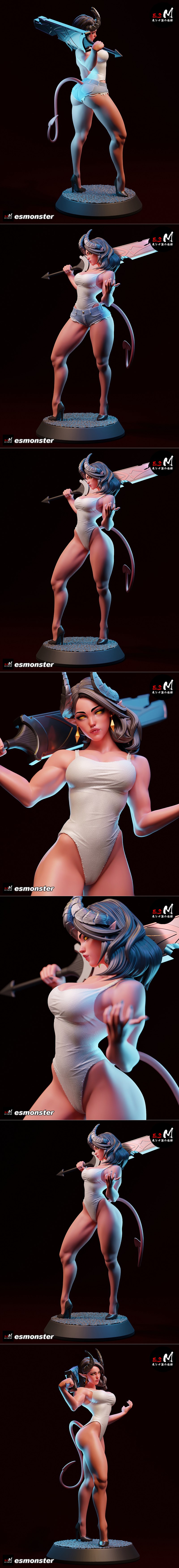 Demon character Malevola with horns and tail, holding a large sword, wearing a tank top and denim shorts, posed dynam...