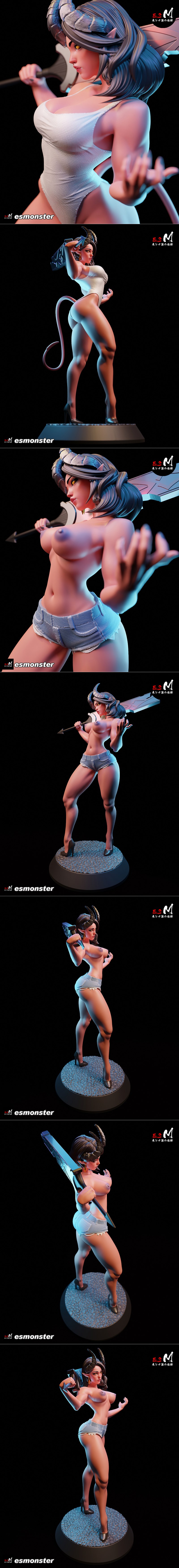 Demon character Malevola with horns and tail, holding a large sword, wearing a tank top and denim shorts, posed dynam...