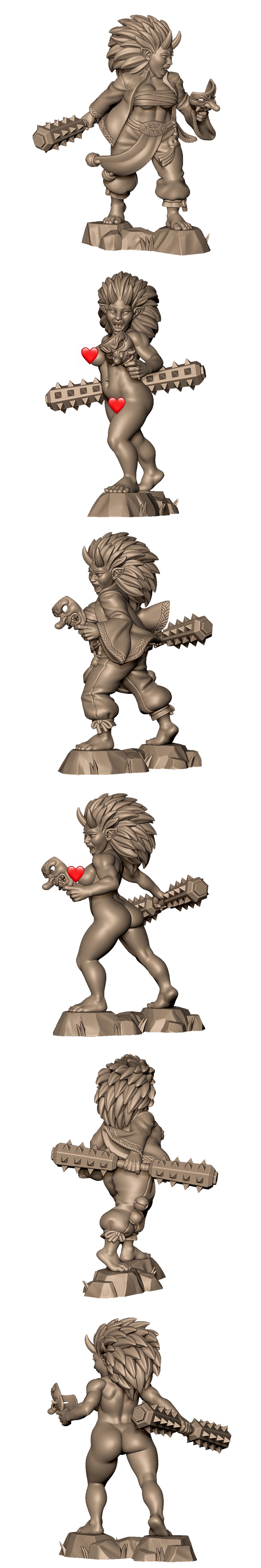 3D model of Oni sister B figure, holding spiked mace and mask, wearing revealing attire and horns, standing on rocky...