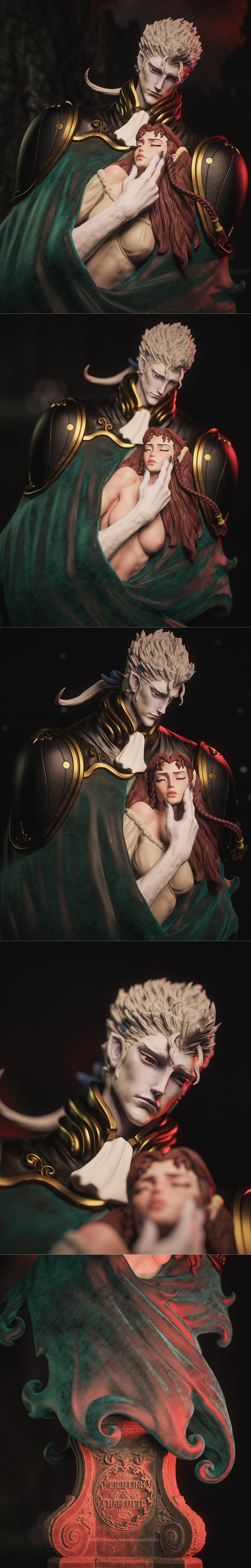 Bust of male figure with white hair holding female figure with auburn hair, both draped in a green cloak. Dark fantas...