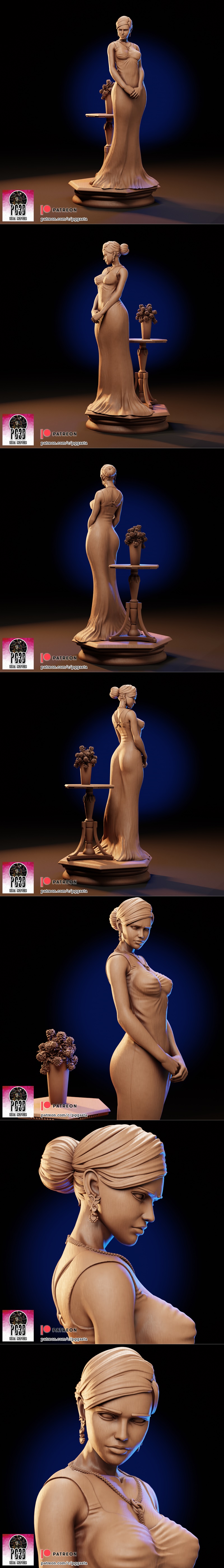 PG3D 3D model of Vesper Lynd from James Bond, wearing an elegant evening gown and standing beside a small table with...