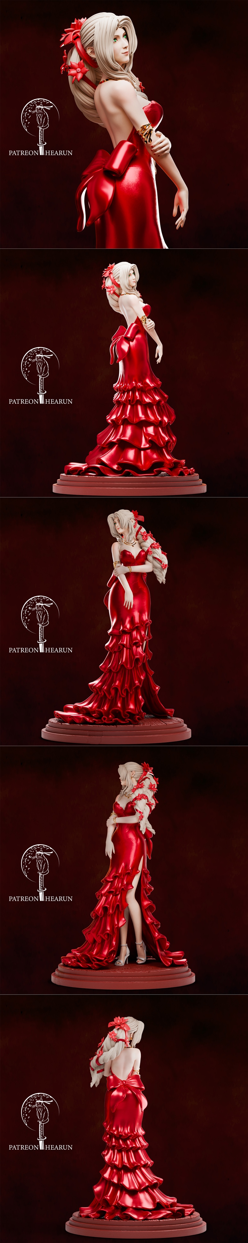 3D model of Aerith Gainsborough from Final Fantasy in a flowing red gown with flowers in her blonde hair, posed grace...