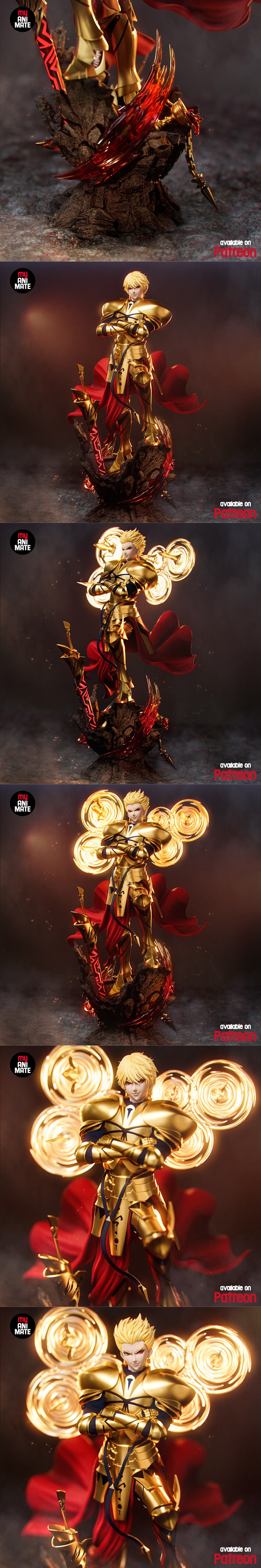 Gilgamesh from Fate Series in golden armor and red cape, with glowing magic circles, standing on a fiery base. 3D pri...
