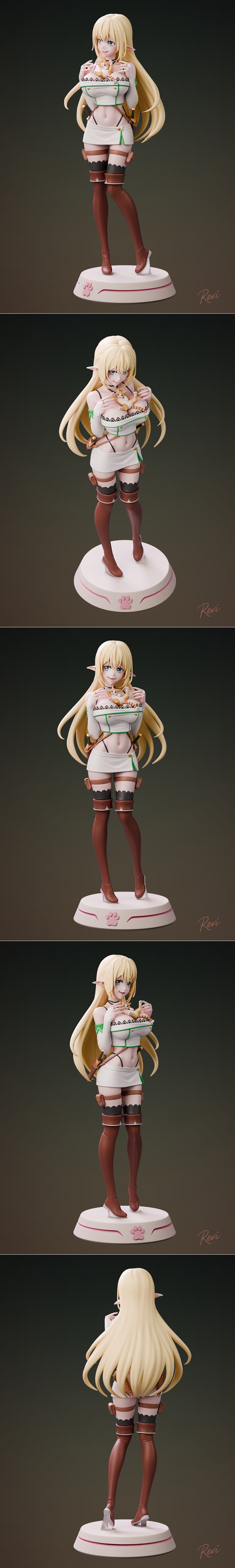 Anime-style elf woman with blonde hair and blue eyes, wearing a short white outfit and brown thigh-high boots, holdin...