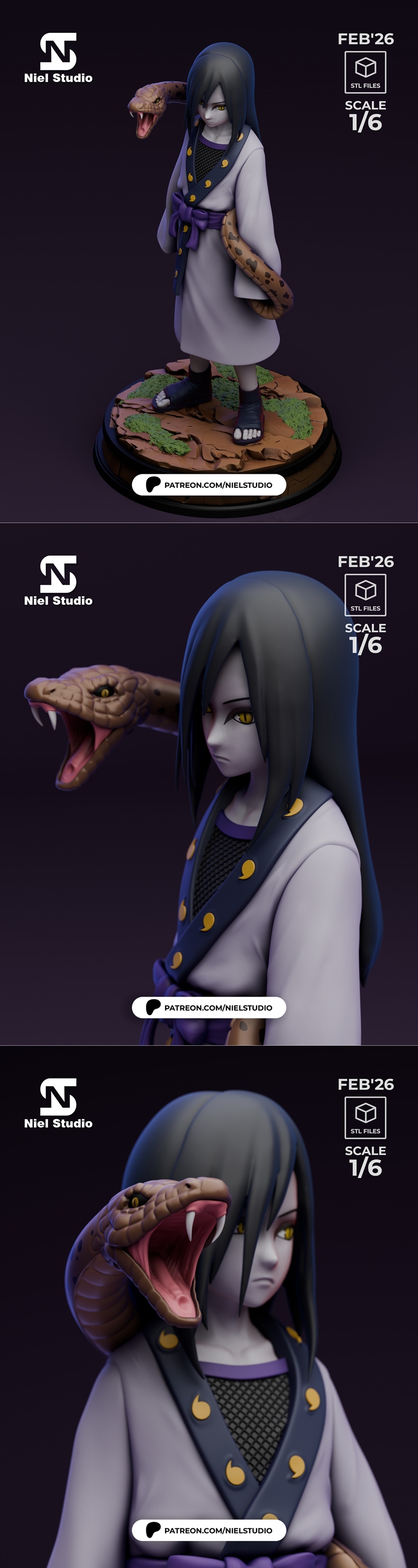 Niel Studio 1:6 scale 3D model of Orochimaru from Naruto, with a snake coiled around his body and another emerging fr...