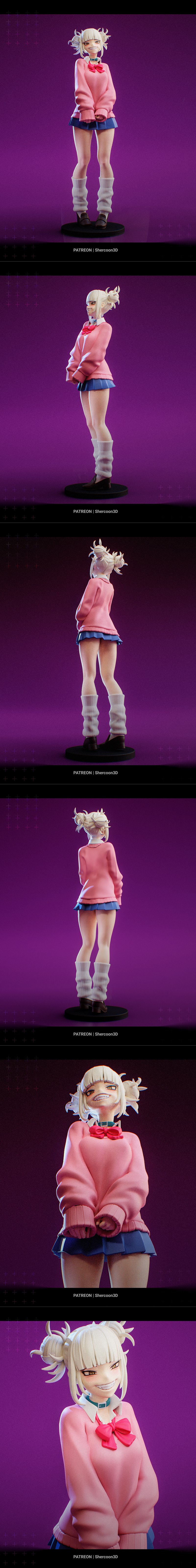 Himiko Toga 3D model figure in pink sweater, blue skirt, white leg warmers, and dark shoes, with blonde twin-tails an...