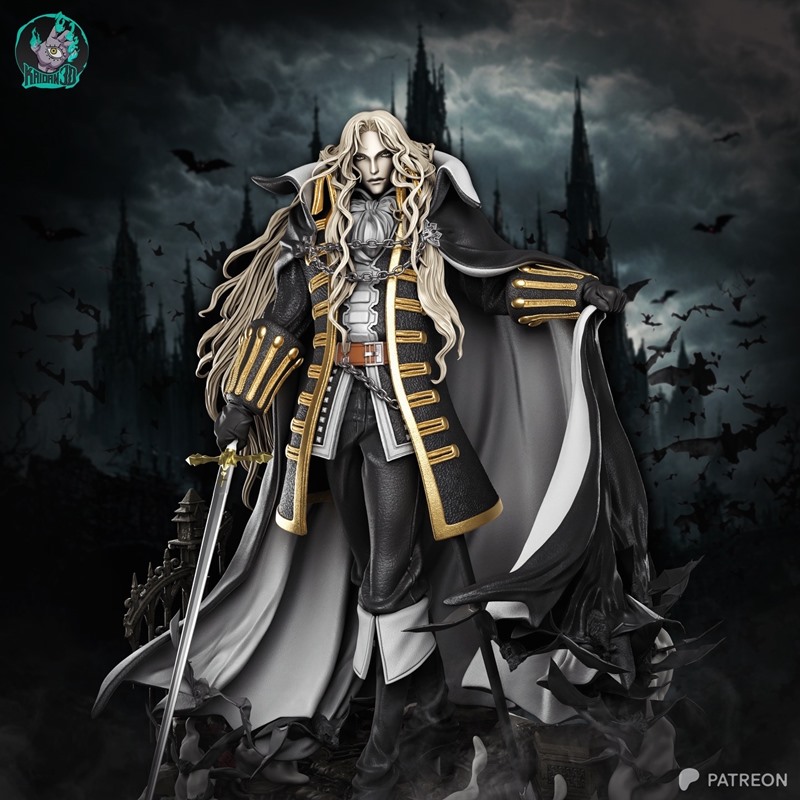 3D model figure of Alucard from Castlevania, holding a sword, wearing a black and gold coat and flowing cape, with a...
