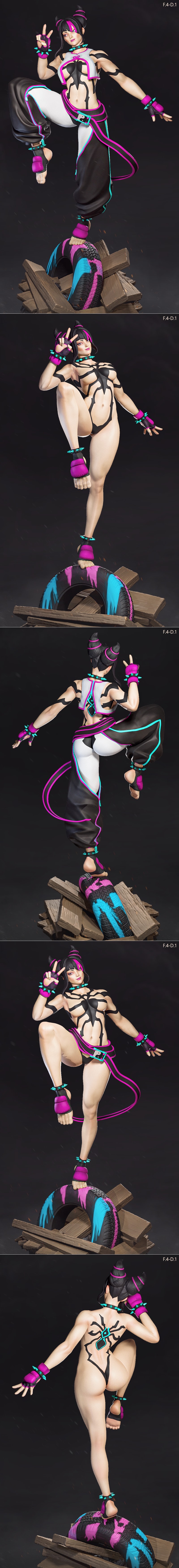 Juri Han 3D model figure in a martial arts stance, wearing a black and white outfit with pink and cyan accents, stand...
