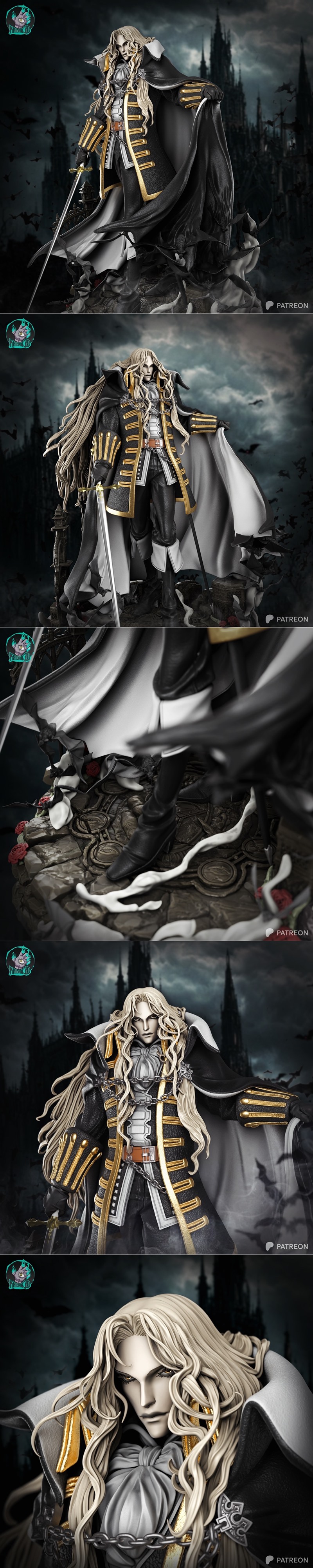 3D model figure of Alucard from Castlevania, holding a sword, wearing a black and gold coat and flowing cape, with a...