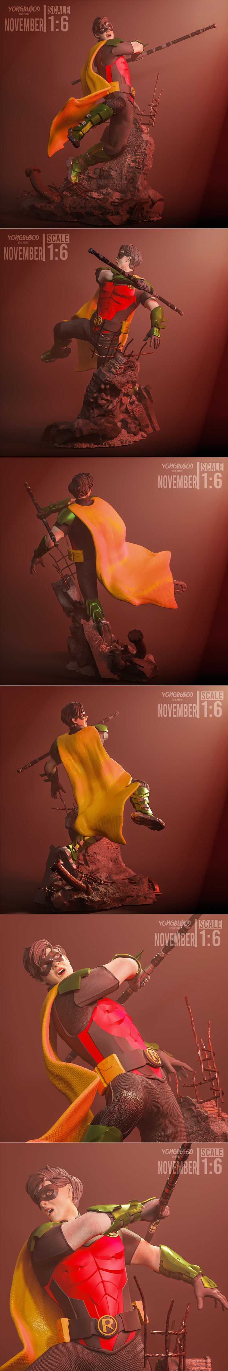 Robin 1:6 scale 3D model figure in dynamic combat pose, wielding a staff, wearing red and green costume with yellow c...