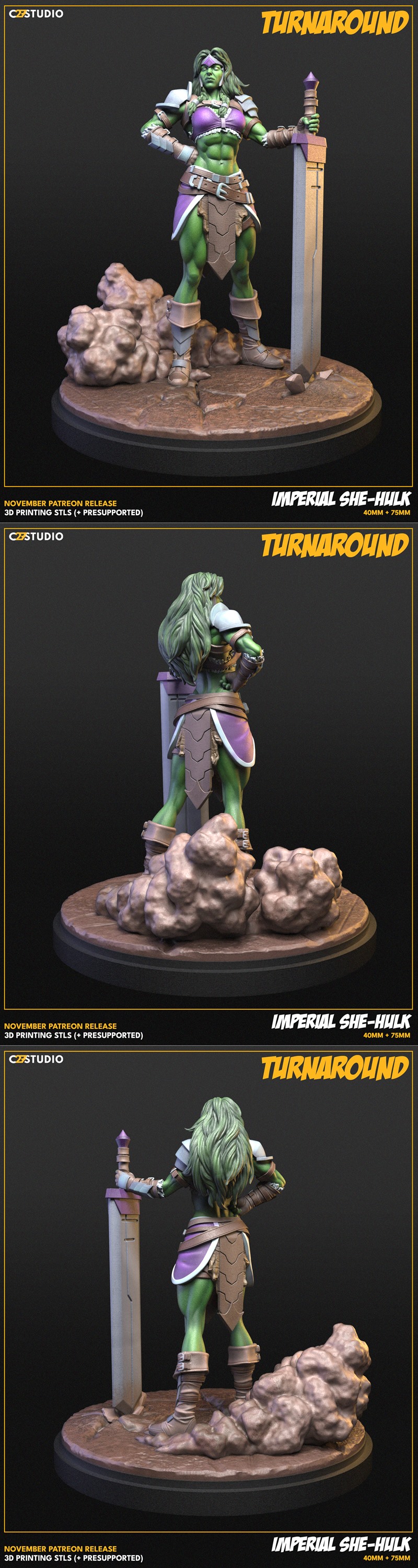 Imperial She-Hulk 3D model figure, muscular green-skinned woman in purple and brown armor, holding a large sword, sta...