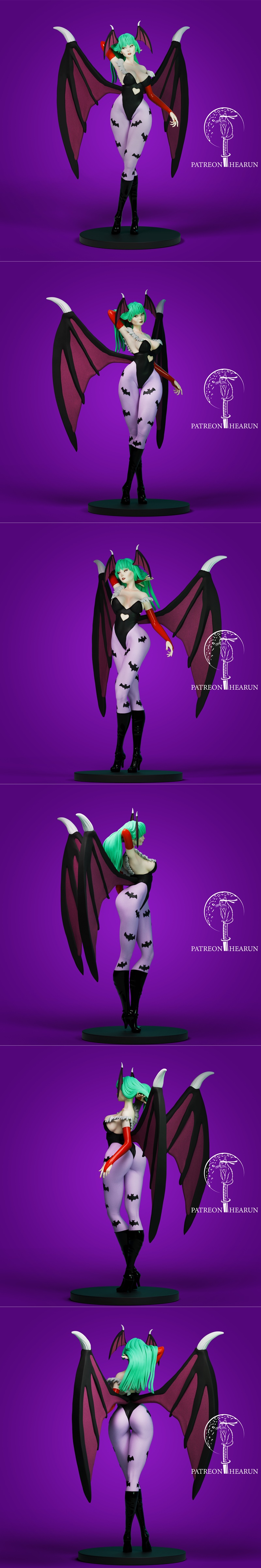 Morrigan Aensland 3D model figure by Hearun, green hair, black leotard with heart cutout, bat wings, patterned stocki...