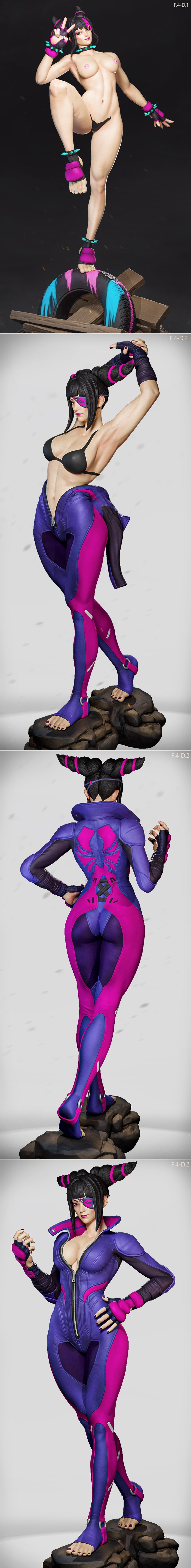 Juri Han 3D model figure in a martial arts stance, wearing a black and white outfit with pink and cyan accents, stand...