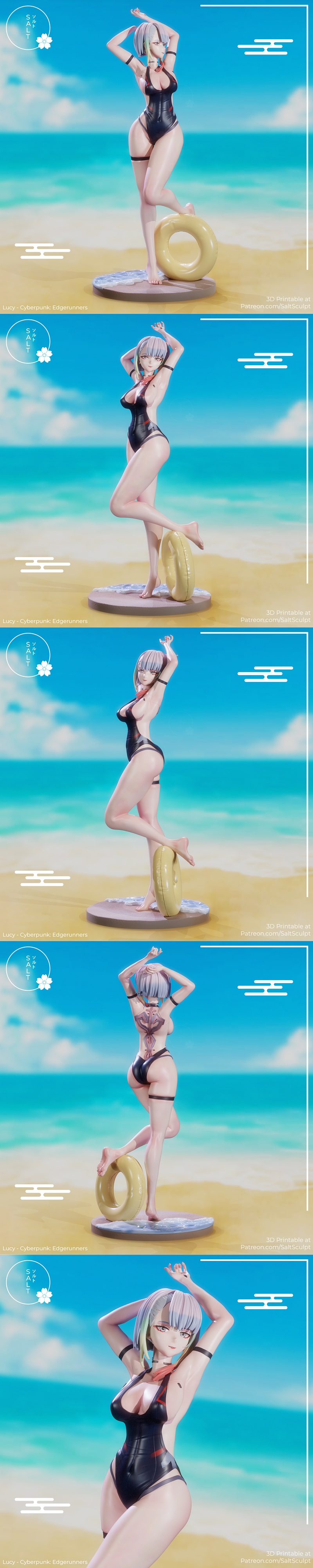 Lucy from Cyberpunk: Edgerunners in a black swimsuit posing on a beach with a yellow inflatable ring, by SaltSculpt.