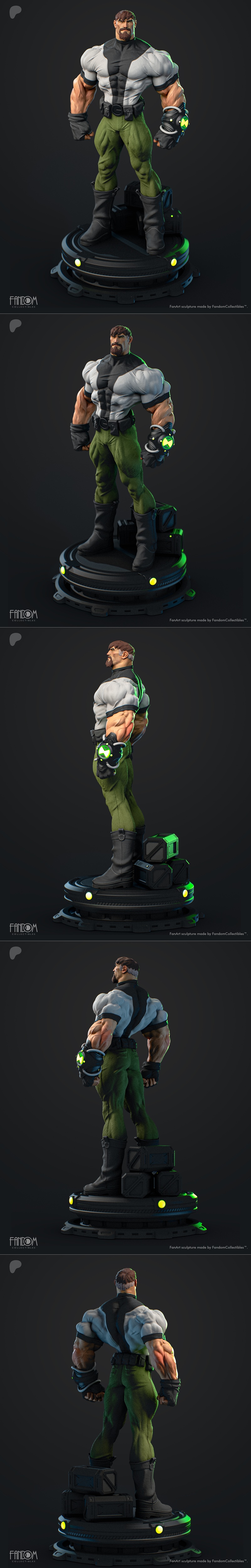 Ben 10000, a muscular man with a beard, wearing a black and white shirt and green pants, with the Omnitrix on his wri...