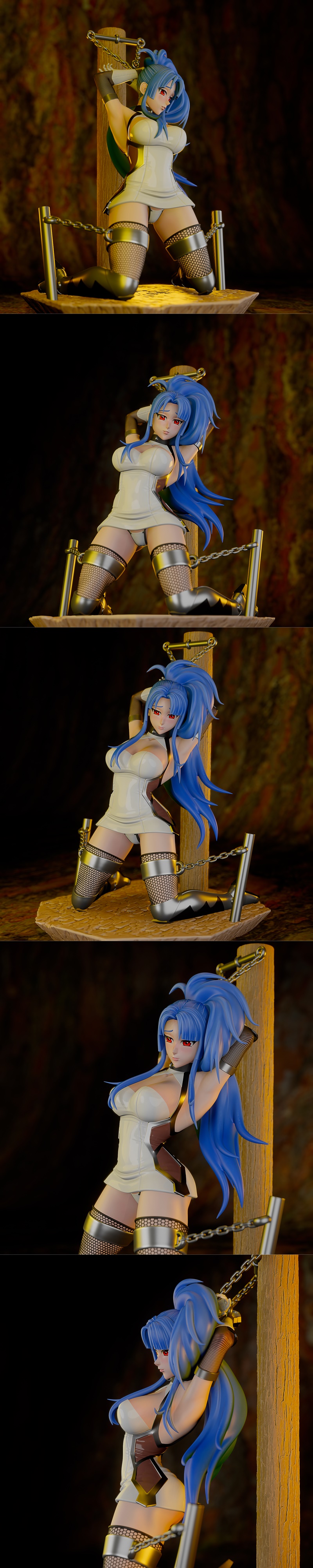 Murasaki character 3D model, kneeling bound by chains, wearing a short white dress, fishnet stockings, and metallic b...