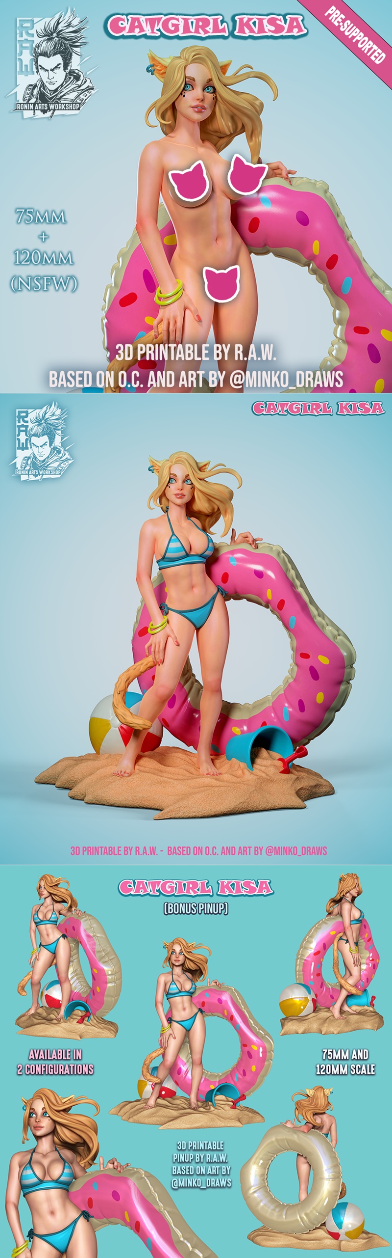 Catgirl Kisa in a bikini, standing on a beach scene with a donut ring, wearing cat ears and a summer outfit.